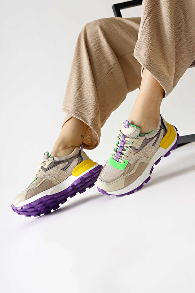 Limoya Netta Çok Renkli (YEŞİL) File Detaylı Bağcıklı Kadın Sneakers, Kadın Spor Ayakkabı