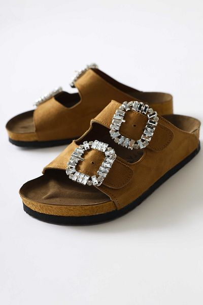 Limoya Papuci de damă Venice Tan Suede Stone cu cataramă cu curele duble