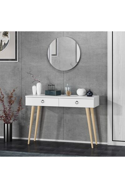 DEKOROSSO Arden Ahşap Ayaklı Yuvarlak Aynalı Modern Dekoratif Dresuar Beyaz 1...