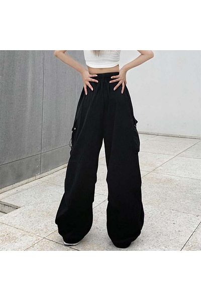 Touz Moda Black Tactical Parachute Fabric Oversize Unisex Trousers with Cargo Pocket