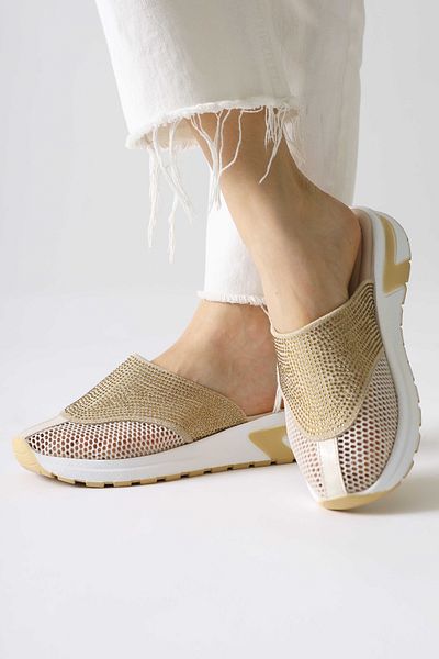 Limoya Γυναικείες παντόφλες Suma Gold Mesh με λεπτομέρειες από πέτρα