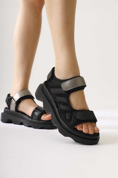 Limoya Sandale de damă cu talpă confortabilă cu velcro cu sclipici negre Quan