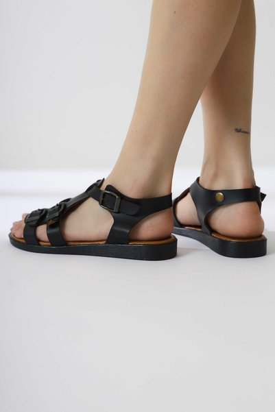 Jilberto Genuine Leather Desta Black Buckle Detailed Women's Sandals Opportunity Product