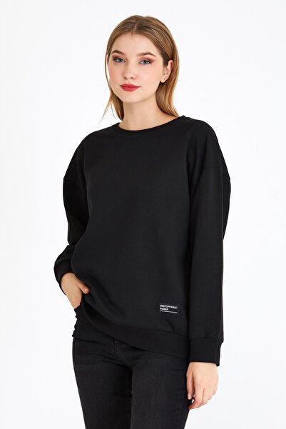 COMEOR Hanorac negru de bază pentru femei, cu gât tip crewneck, croială norma...