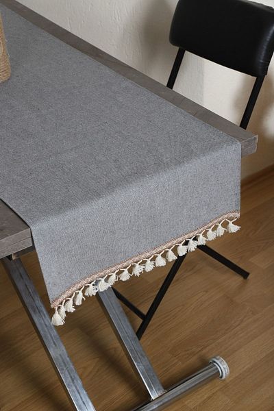 NDC HOME Linen Gray Anthracite Striped Pompom Runner 150 X 45