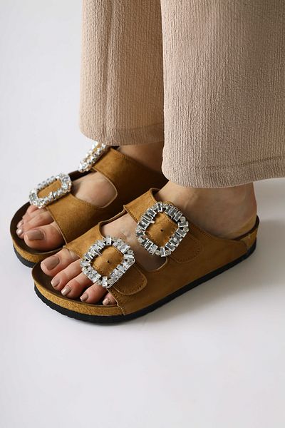 Limoya Papuci de damă Venice Tan Suede Stone cu cataramă cu curele duble