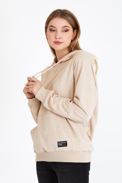 COMEOR Women's Beige Basic Hooded Regular Fit Comfortable Sweatshirt