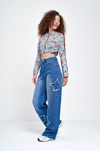 Touz Moda Pantaloni albaștri Y2k Stars Patch Detail