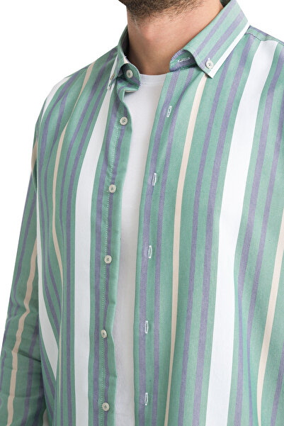 Varetta Green Striped Linen Effect Wide Cut Shirt - Long Sleeve