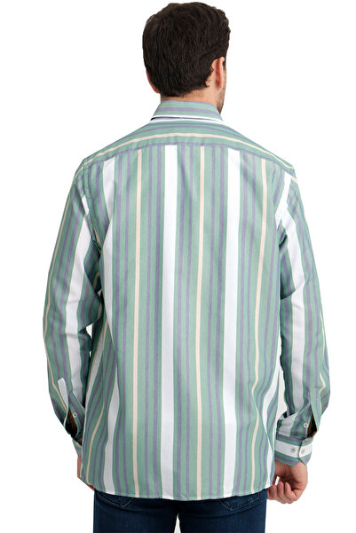 Varetta Green Striped Linen Effect Wide Cut Shirt - Long Sleeve