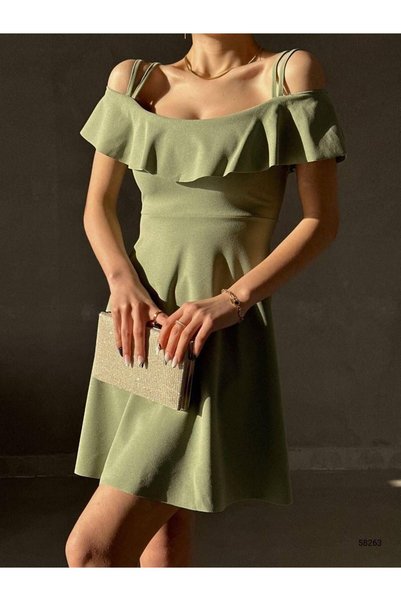 Esinty Trendy Graduation Evening Dress Women's Hanging Neck Detail Crepe Fabric Dress (Colorful)
