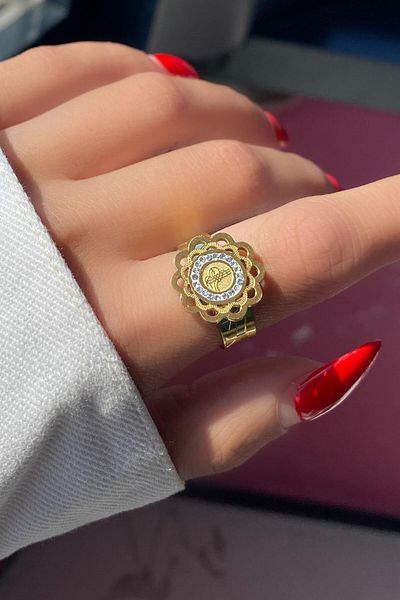 TAKIŞTIR خاتم من الفولاذ قابل للتعديل مع أشكال Tuğra ذهبية اللون