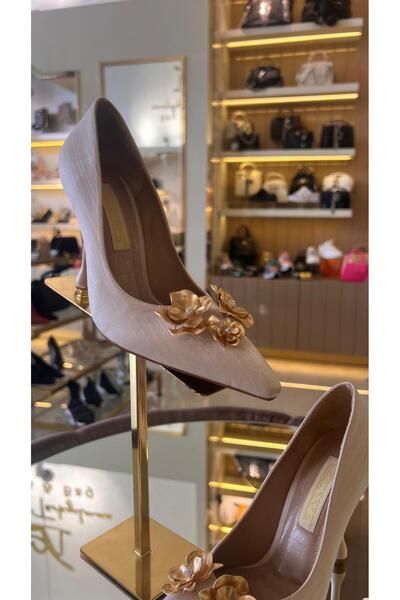 lescarpe Kadın Simli Saten Rose Toka Gümüş Taş Stiletto