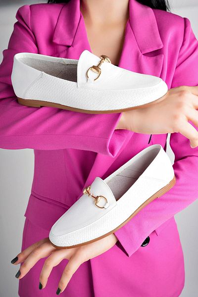 Deripabuc Genuine Leather White Print 2 Women's Leather Loafer Pcc-f05