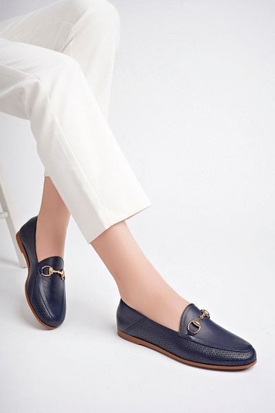 Deripabuc Genuine Leather Navy Blue Print 2 Women's Leather Loafer Pcc-f05