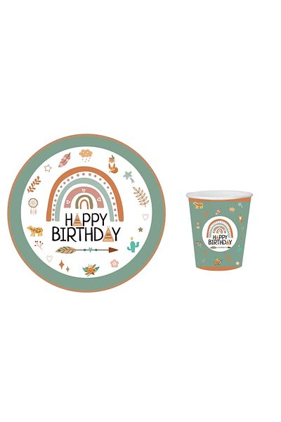aşkın concept 8 Person Retro Themed Happy Birthday Cardboard Cup Set