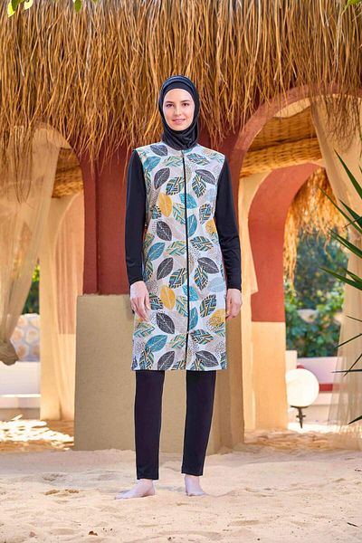 MEBA Rozamay Black Hijab Μαγιό - Κρεμ μοτίβο φύλλων, μακρυμάνικο, φερμουάρ, πλήρως κλειστό 9255