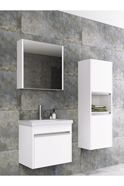 hirabanyo Begonya 65 cm Banyo Dolabı, Lavabolu Yerli üretim Beyaz-Meşe Boy Dolabı Hediyeli