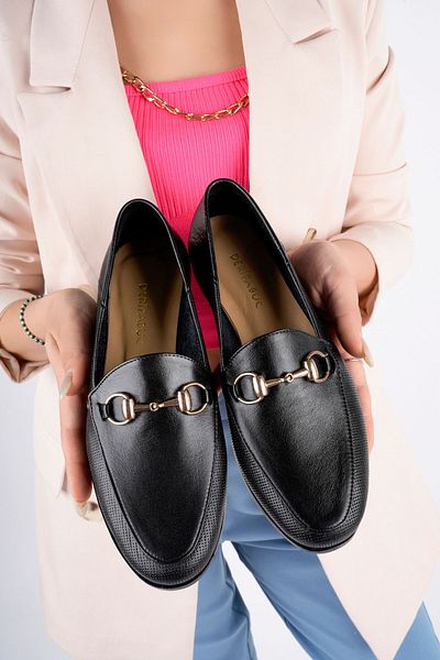 Deripabuc Genuine Leather Printed Black Women's Leather Ballerinas PCC-F03