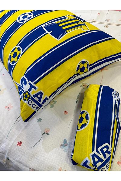 ŞENER HOME Single Fan Patterned Children's Sheet - Elastic Pillowcase, Yellow-Navy Blue 100x200 24cm