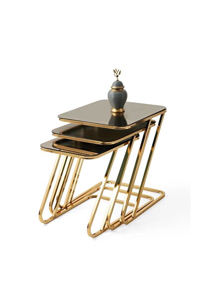 Evistro Dikdörtgen Cam Zigon Sehpa 3 lü Gold Kaplama Bronz Cam