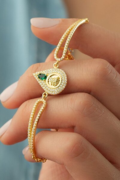 Silvano Jewelry 925 Ayar Tuğralı Yeşil Taşlı Gold Gümüş Bileklik