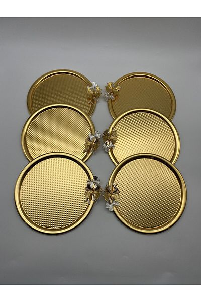 Fiyakalı Ürünler Atölyesi Gold Colored 6-Piece Butterfly Patterned Round Presentation Tray - Single, 22cm Decorative Serving Tray