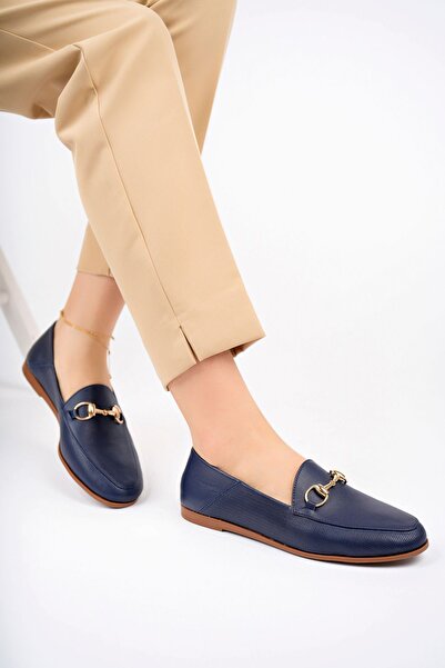 Deripabuc Navy Blue Printed Genuine Leather Women's Loafer - Pcc-F05