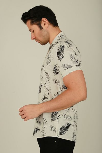 Brango Men's Linen Shirt - Cream Black, Hawaiian Pattern, Apache Collar