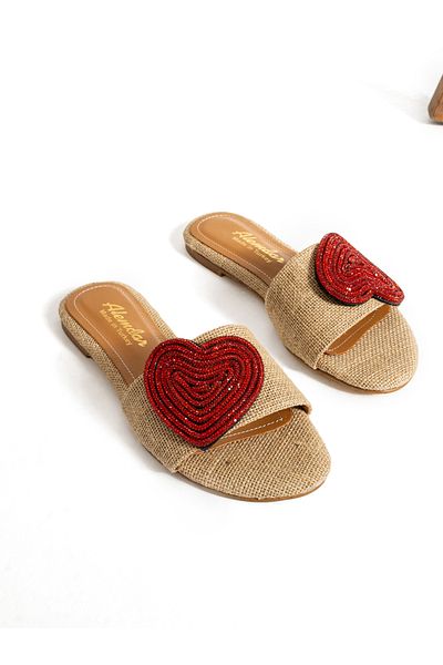 Alemdar Shoes Ψάθινες γυναικείες παντόφλες - SANTOS Heart Detailed