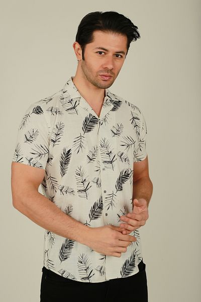 Brango Men's Linen Shirt - Cream Black, Hawaiian Pattern, Apache Collar