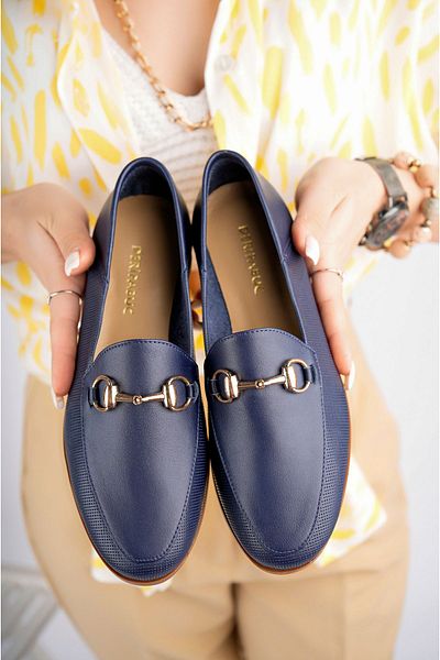 Deripabuc Navy Blue Printed Genuine Leather Women's Loafer - Pcc-F05