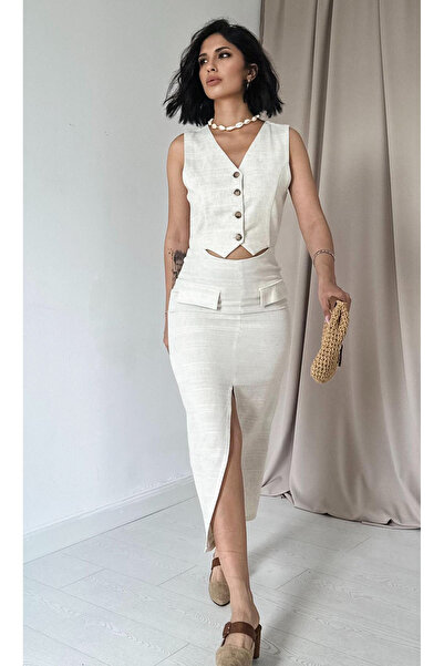 Mia Miamood Keten Yelek Görünümlü Elbise - Bej