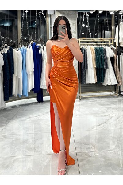 missswans Lamedore Drapeli Taş Askılı Mini Elbise Turuncu