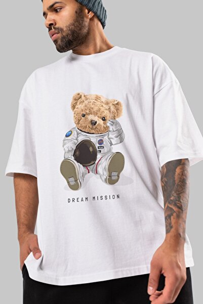 Ankhises Medvedić Astronaut Prednja strana Štampano Bela Oversize kroj T-shir...