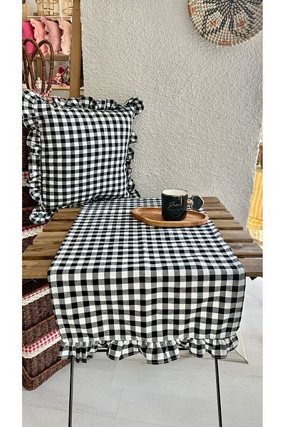 Decamor home Alergăre vintage din in negru - cu volant și vichy