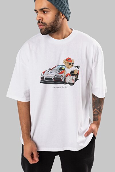 Ankhises Teddy Bear Racing Crew Imprimat în față Tricou oversize alb Bărbați ...