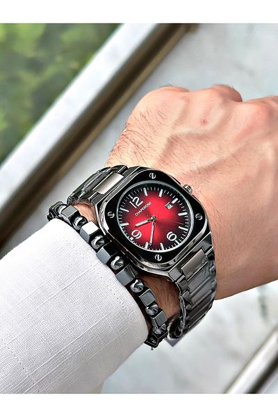 Chaperone men's Wristwatch - Smoke Color, Simple Classic Square Model, Steel Cord + Bracelet GiFt By REWARD