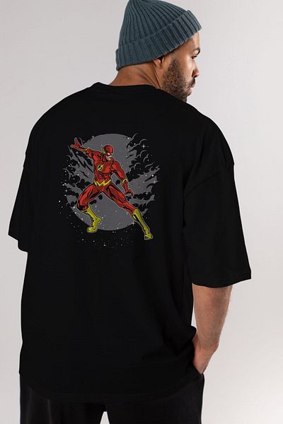 Ankhises Tricou oversize negru cu imprimeu Flash Back, unisex, bărbați, femei, cu decolteu
