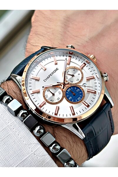 Chaperone Lacivert Renk Deri Kordon Fonksiyonlu  Erkek Kol Saati + BİLEKLİK H...