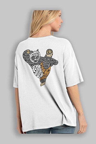 Ankhises Warrior Panda Back Štampano Bela Oversize kroj T-shirt Unisex Muškar...