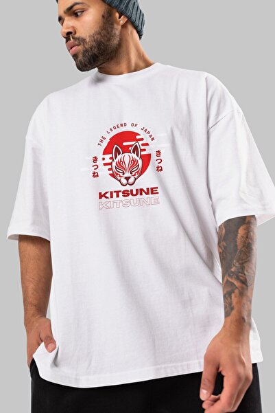 Ankhises Kitsune maska prednja Štampano bela Oversize kroj T-shirt muškarci ž...