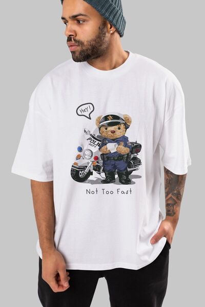 Ankhises Teddy Bear Not Too Fast Μπροστινό εμπριμέ λευκό μπλουζάκι υπερμεγέθη ανδρικό γυναικείο λαιμόκοψη