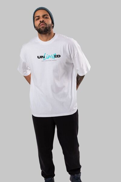 Ankhises Unlimited Letter εμπρός εμπριμέ Λευκό μπλουζάκι Oversize Ανδρικό γυναικείο λαιμόκοψη