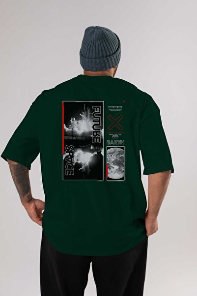 Ankhises Future Space Back Štampano Emerald Green Oversize kroj T-shirt Unise...