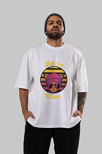 Ankhises Mačka Retro Vibes Prednja Štampano Bela Oversize kroj T-shirt Muškar...