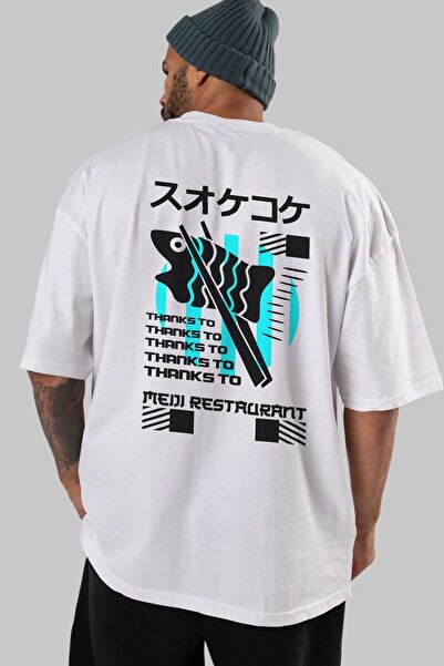 Ankhises Meiji Restoran Arka Štampano Bela Oversize kroj T-shirt Unisex Muška...