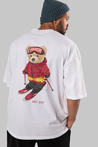 Ankhises Teddy Bear Ski On Spate Imprimat Alb Bărbați Femei Tricou Oversize Guler Rotund