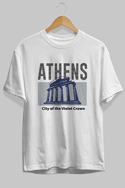 Ankhises Tricou alb oversize cu imprimeu în față Atena, unisex, pentru bărbaț...