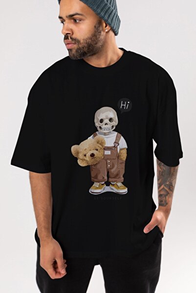 Ankhises تي شيرت أسود كبير الحجم مطبوع عليه دمية دب - رقبة دائرية للرجال والنساء